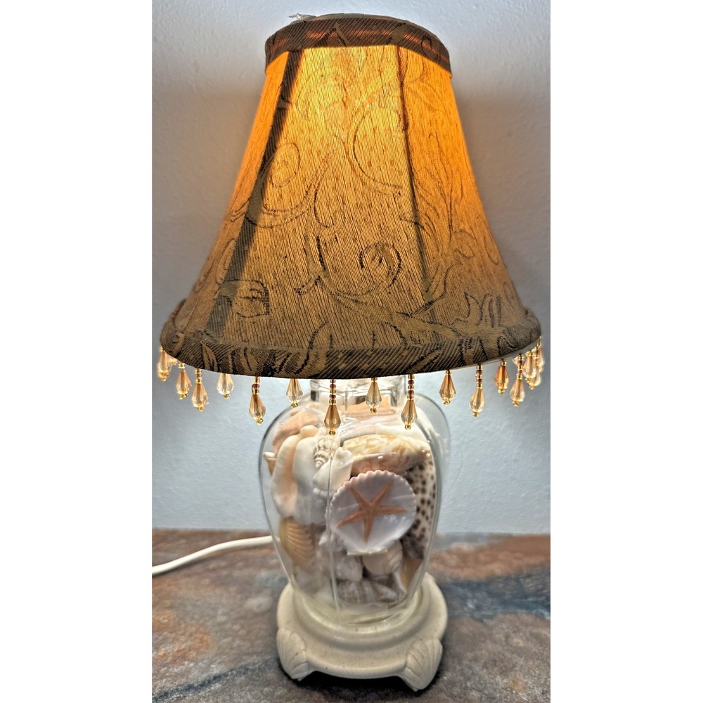 Vintage 1969 Seashell Table Lamp Glass Shell Filled Coastal Beach Decor 15"